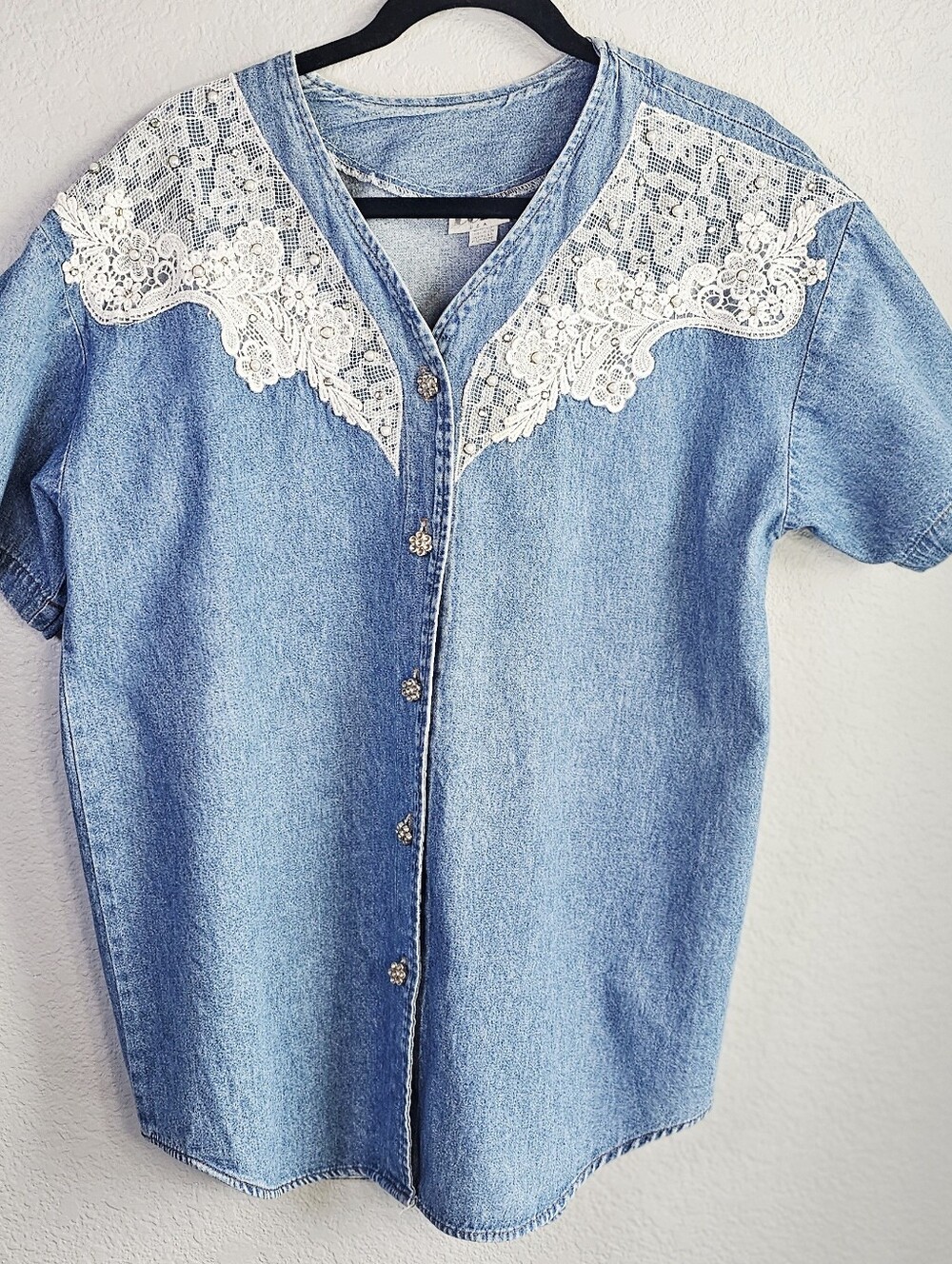 Vintage 90s Denim Lace Pearl Button Blouse XL Cottagecore Western Glam
